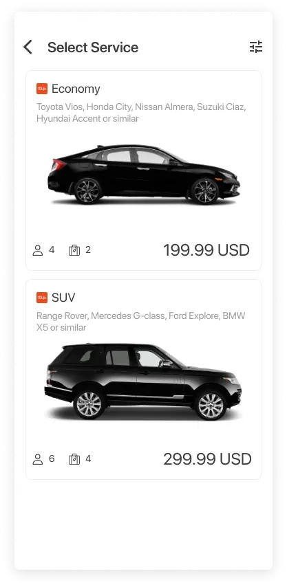 Select a vehicle for your trip, transparent pricing
